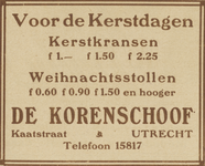 717246 Advertentie voor Kerstkransen en Weihnachtsstollen van Mij. De Korenschoof, bakkerij, Kaatstraat te Utrecht.